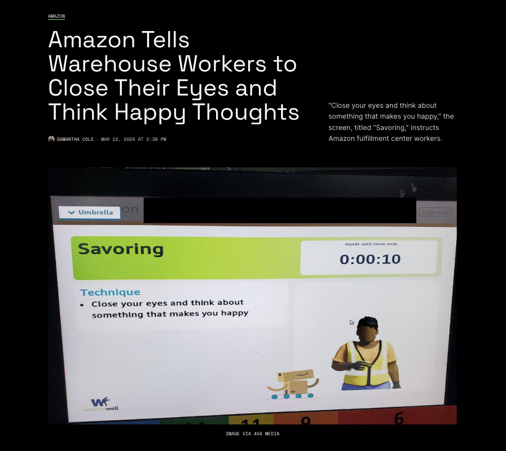 operating system - Amazon Tells Warehouse Workers to Close Their Eyes and Think Happy Thoughts Umbrella On Savoring Technique Close your eyes and think about something that makes you happy W well Image Via Media "Close your eyes and think about something 